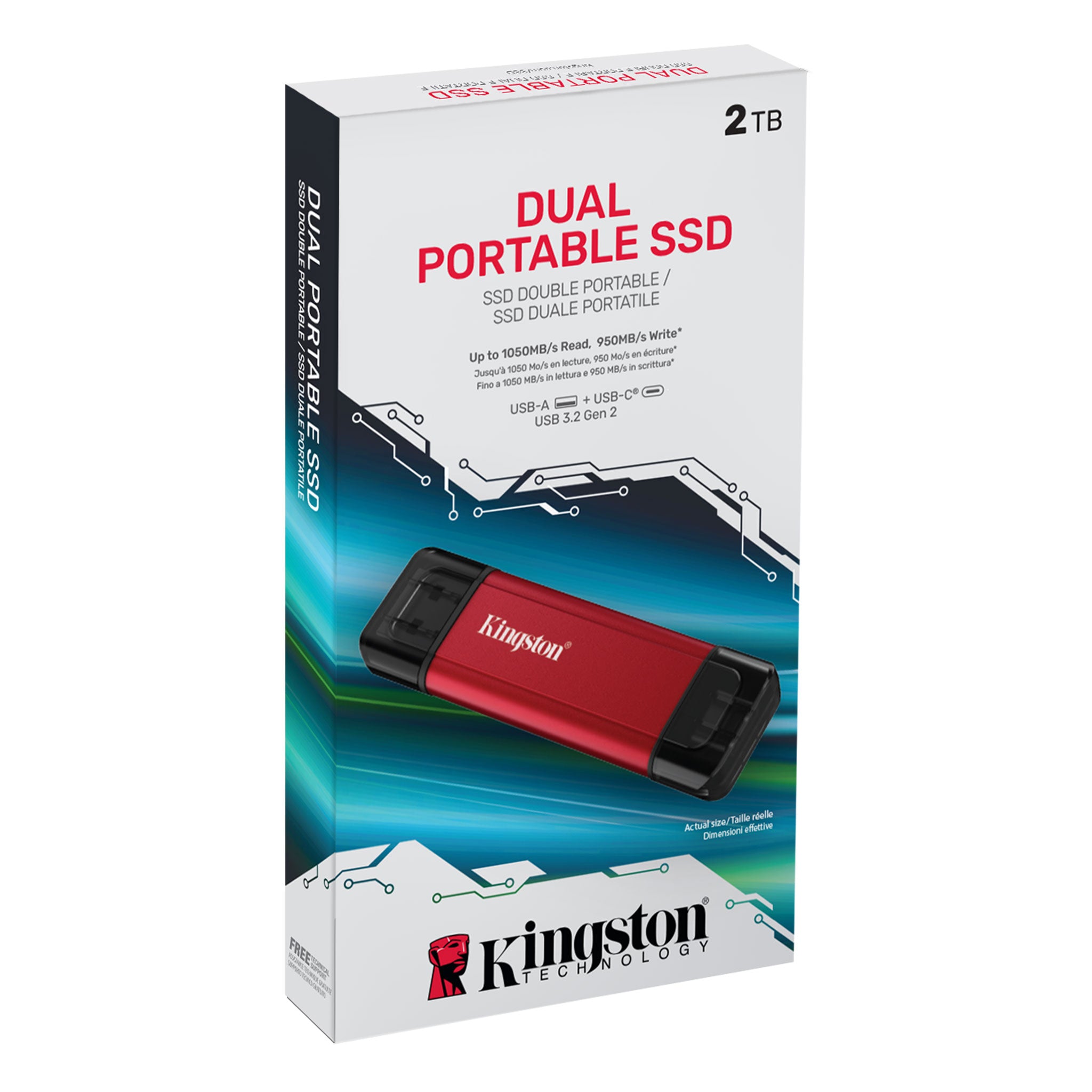 Kingston USB 3.2 Gen 2 1050MB/s Read/950MB/s Write Type-A & Type C Dual Portable SSD (512GB, 1TB, 2TB)