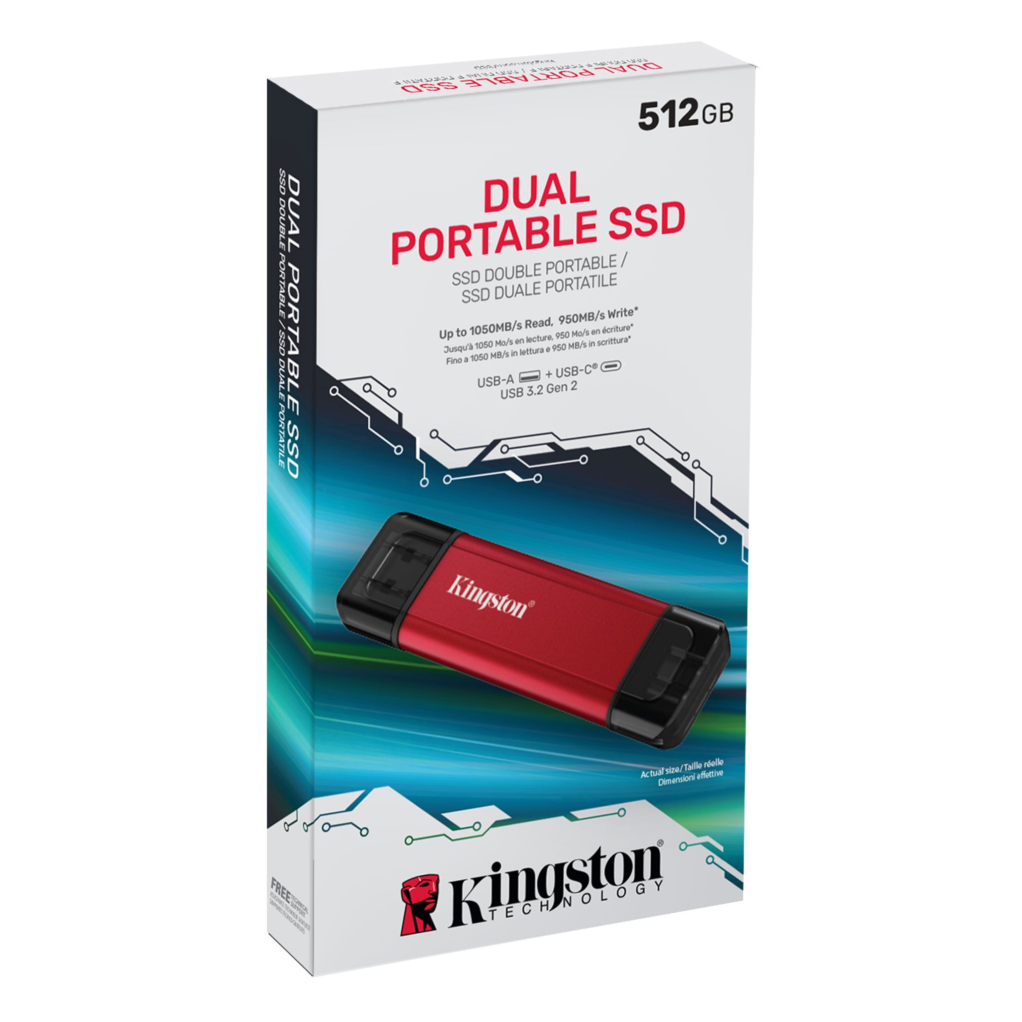 Kingston USB 3.2 Gen 2 1050MB/s Read/950MB/s Write Type-A & Type C Dual Portable SSD
