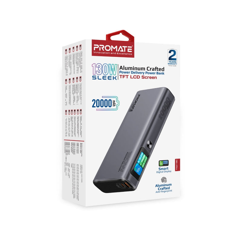 Promate Titan-130 20000mAh Sleek 130W Multi-Port Power Delivery Power Bank with TFT LCD Screen