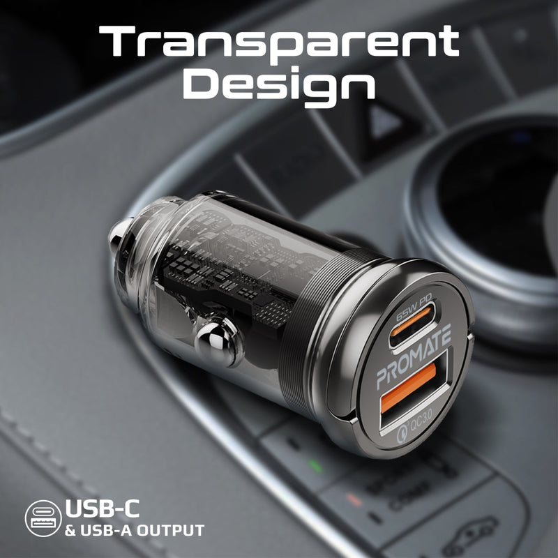 Promate TransDrive-65W 65W RapidCharge Transparent Mini Car Charger with Power Delivery & QC 3.0