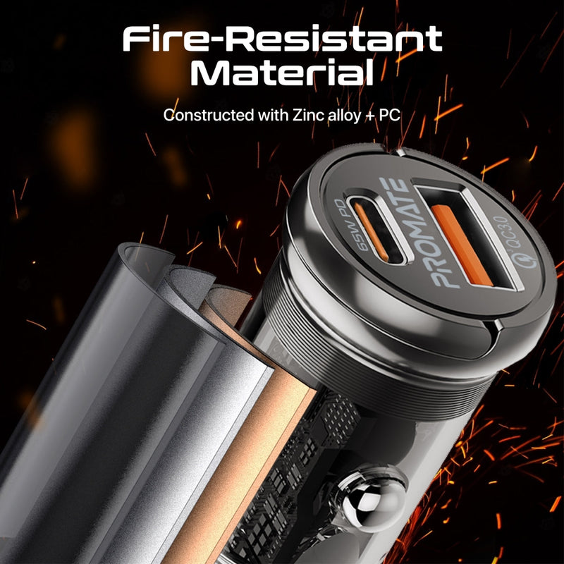 Promate TransDrive-65W 65W RapidCharge Transparent Mini Car Charger with Power Delivery & QC 3.0