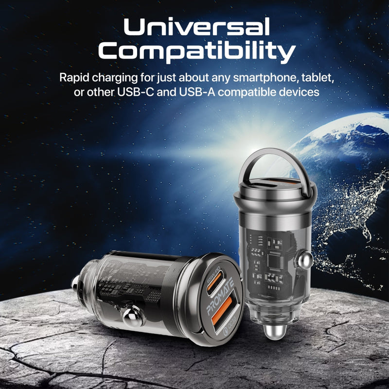 Promate TransDrive-65W 65W RapidCharge Transparent Mini Car Charger with Power Delivery & QC 3.0