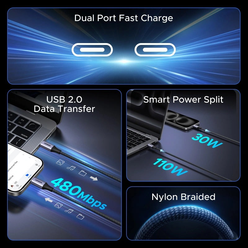 Ugreen USB-C 2-in-1 Universal 5A/140W PD Fast Charging Braided Cable - 2m (Space Gray) (L533/75733)