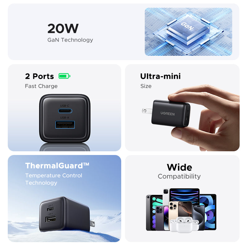 Ugreen 2-Port USB-A + USB-C 20W GaNInfinity Fast Charger (X514/55533)