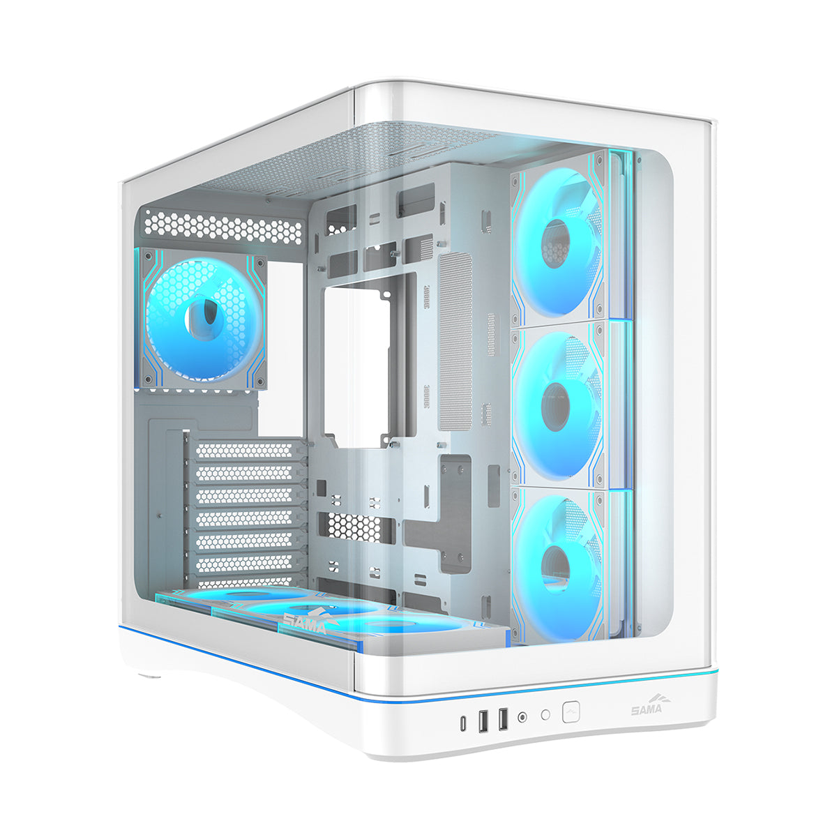 Sama V62 Mid-Tower Curved Panoramic TG Panel PC Case with 7x Pre-Installed ARGB Infinity Fans (Black, White) (V62-BKADA7X1-GL, V62-WHADA7X1-GL)