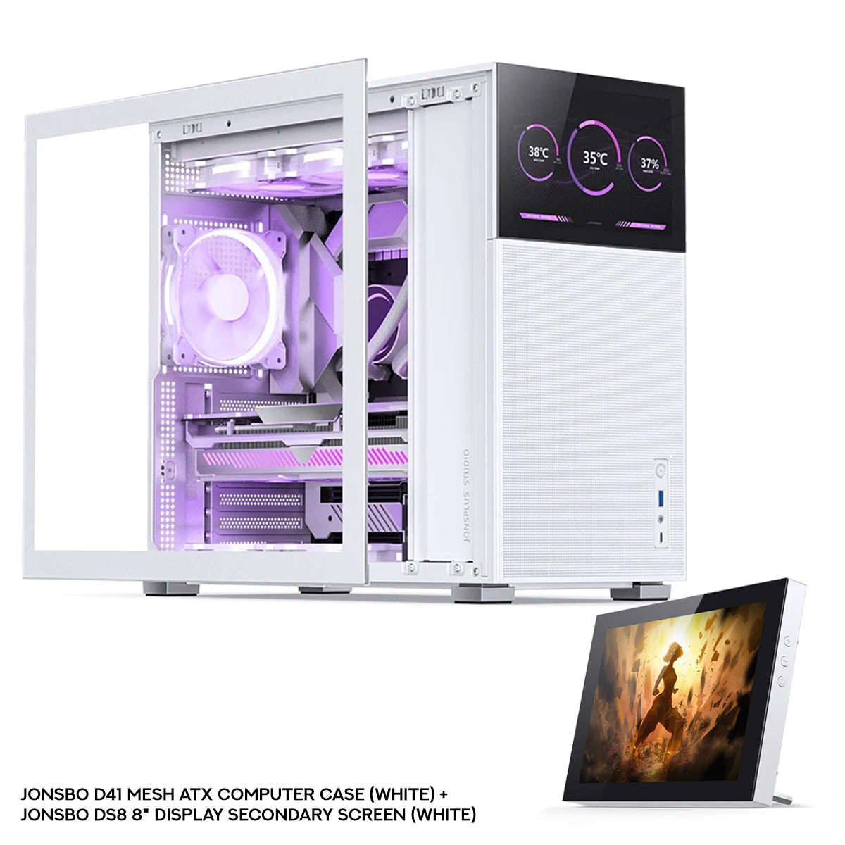 Jonsbo D41 Mesh ATX Computer Case (Black, White) + Jonsbo DS8 8" Display Secondary Screen