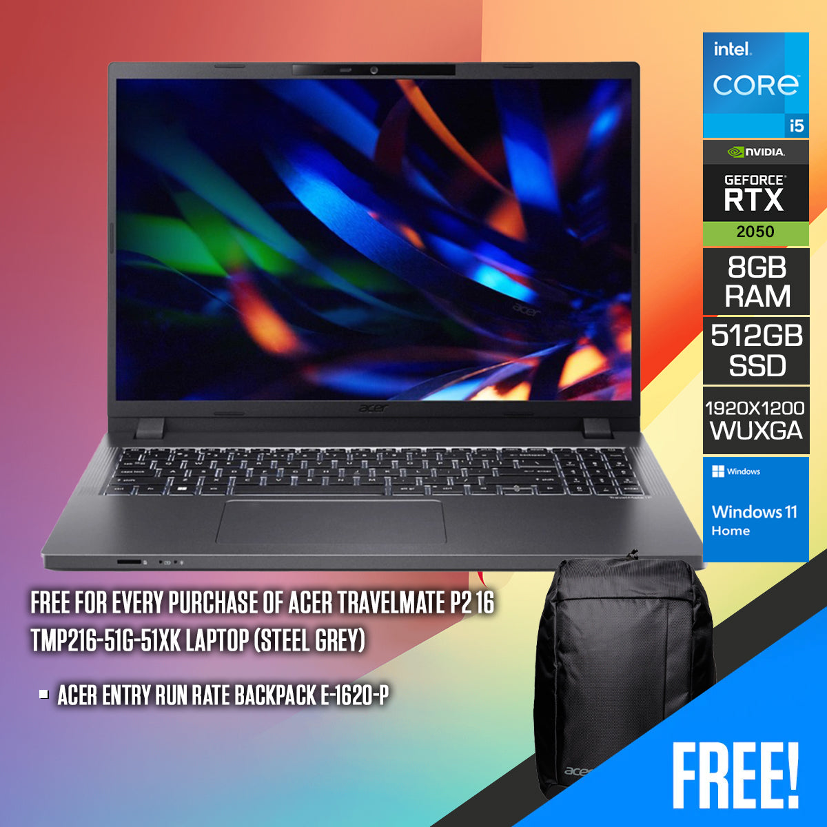 Acer Travelmate P2 16 TMP216-51G-51XK Laptop (Steel Grey) 16