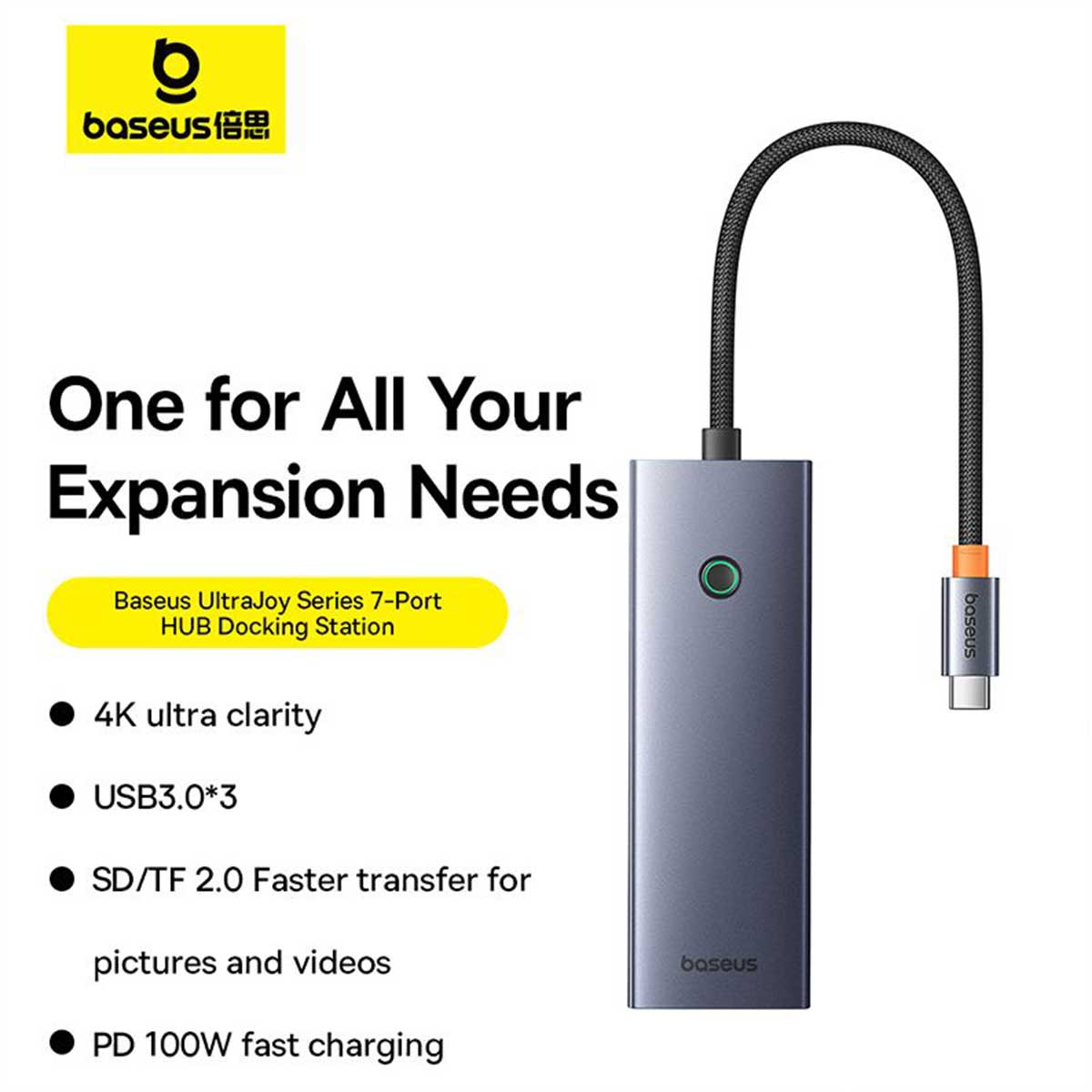 Baseus UltraJoy Series 7-Port Hub Docking Station USB-C to HDMI 4K@60Hz + 3xUSB 3.0 + PD + SD/TF (Space Grey) (B00052803811-00)