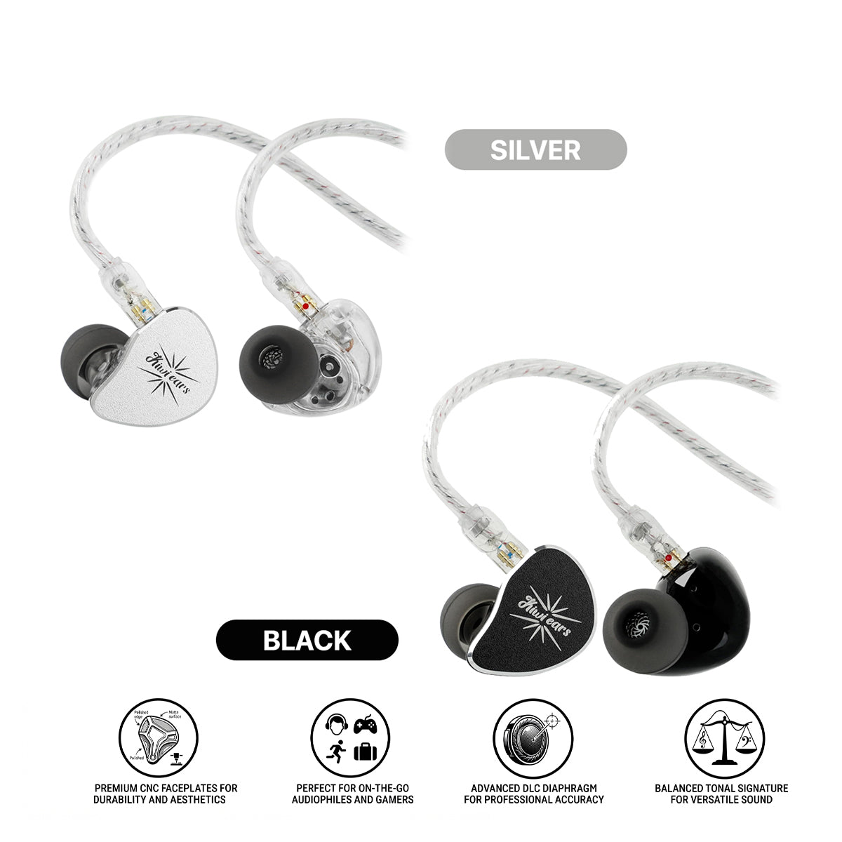 Kiwi Ears Belle 10mm DLC Dynamic Driver, HiFi Wired Earbuds