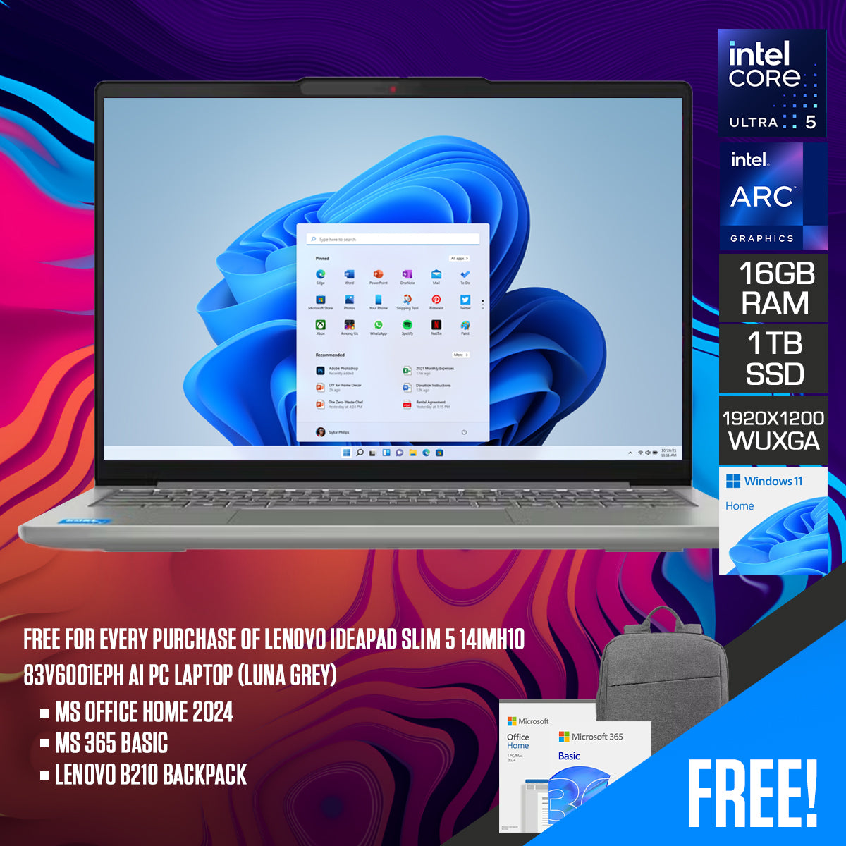 Lenovo IdeaPad Slim 5 14IMH10 83V6001EPH AI PC Laptop (Luna Grey)
