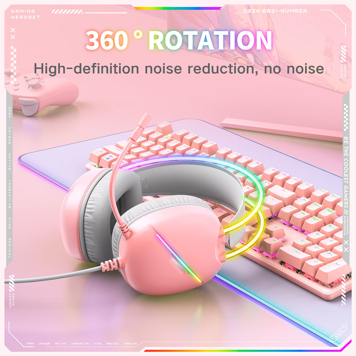 Onikuma X33 RGB Wired Gaming Headset with Noise Cancelling Microphone (Black, Pink)