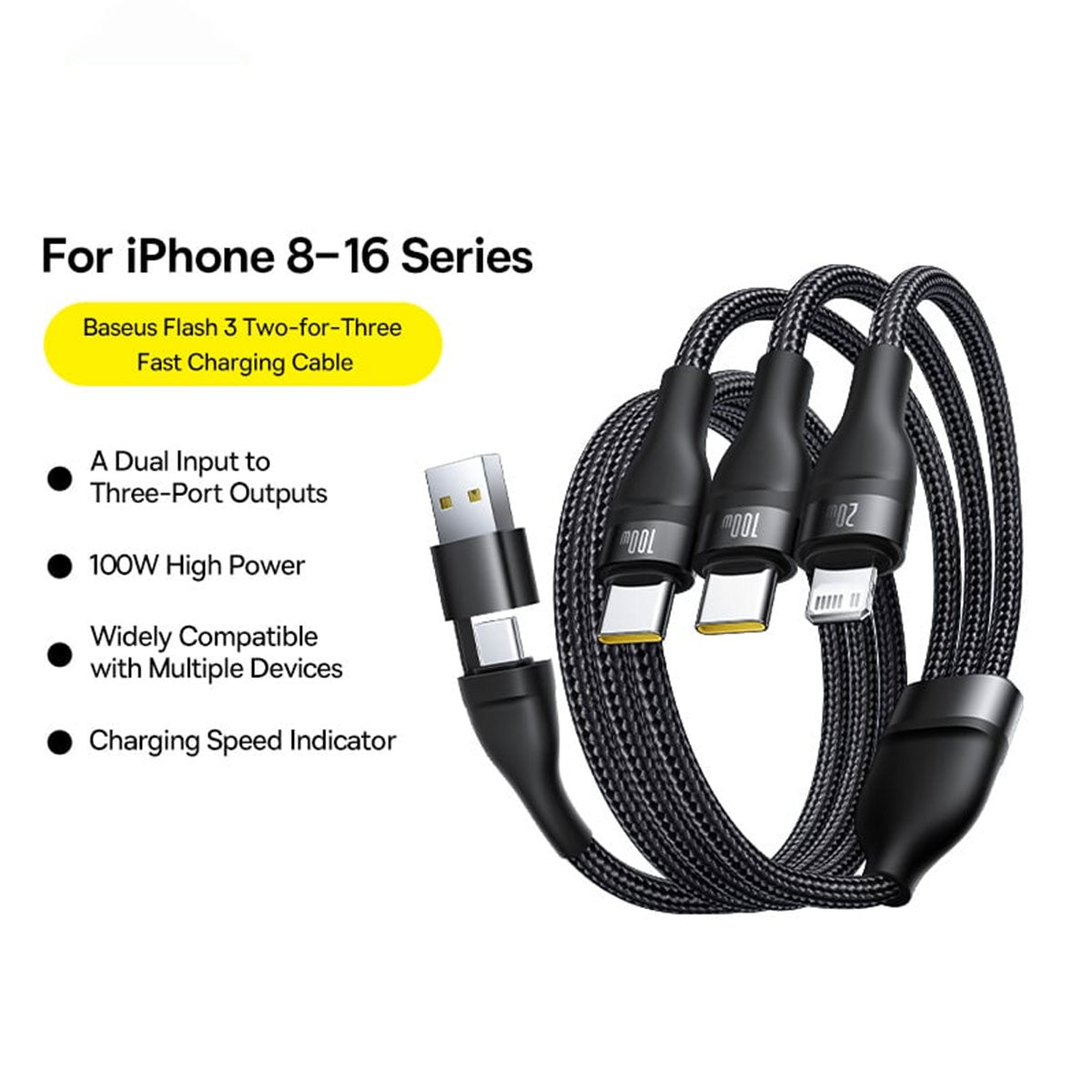Baseus Flash Series III One-For-Three Fast Charging Cable U+C to C+C+L 100W 1.5m (Cluster Black)