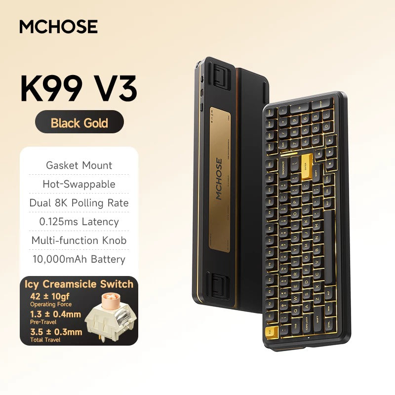 MCHOSE K99 V3 RGB Tri-Mode Hot-Swappable Mechanical Keyboard (Black Gold) (Icy Creamsicle Switch)