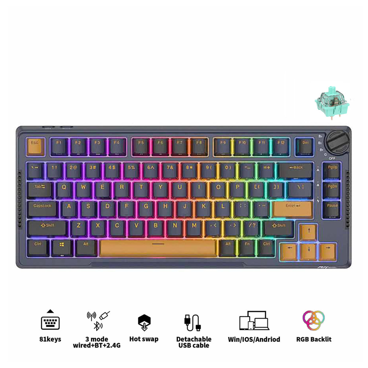 Royal Kludge RK-H81 Tri-Mode RGB 81 Keys Hot Swappable Mechanical Keyboard Star Night (Sky Cyan, Brown, Blue Switch)