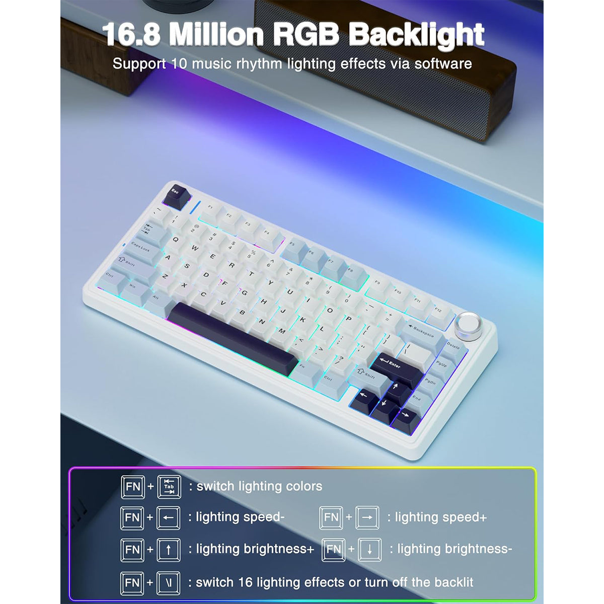 Aula F75 RGB Tri-Mode Type-C 75% 80-Key Gasket Structure Hot-Swap Mechanical Gaming Keyboard (Reaper Switch) (Light Blue/White/Black Purple)