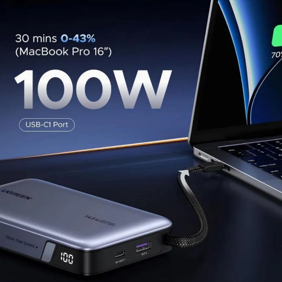 Ugreen 20000mAh 145W Power Bank with Built-in Cable (Space Grey) (PB551/55992B)