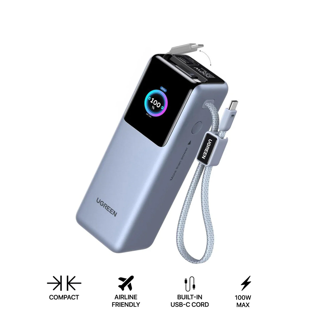 Ugreen 25000mAh 200W Power Bank with Built-in Cable (Light Blue)