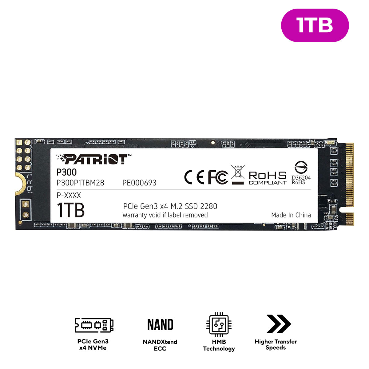 Patriot P300 1TB M.2 2280 PCIe Gen3 x4 SSD with 2100MB/s Read/ 1650MB/s Write (P300P1TBM28)