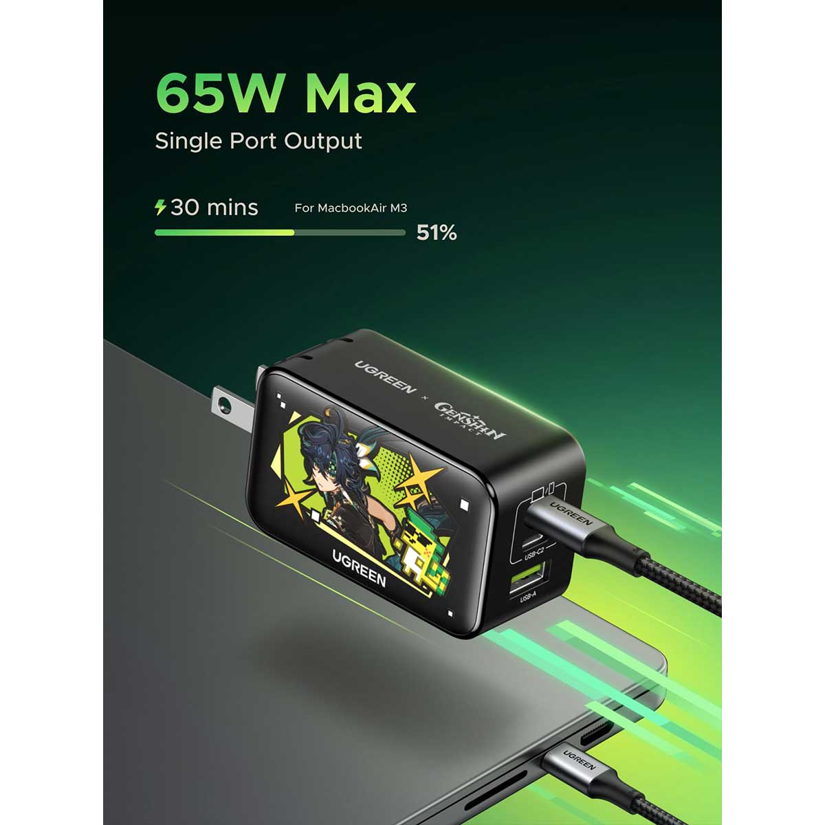 Ugreen Nexode 3-Port 2xUSB-C + 1xUSB-A 65W Gan Fast Charger Genshin Impact Ed. (CD244/10334GI)