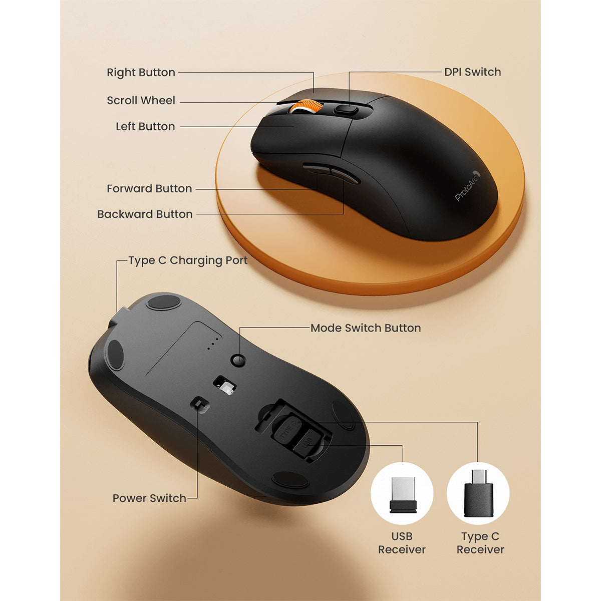 ProtoArc EM15 Bluetooth & 2.4G Dual Receiver Wireless Mouse (Black) (CP016268)