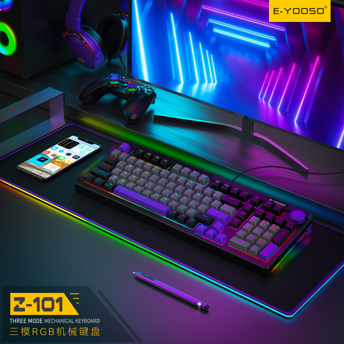 E-Yooso Z-101 RGB 101 Keys Tri-Mode Hot-Swappable Mechanical Keyboard Grey/Black/Purple