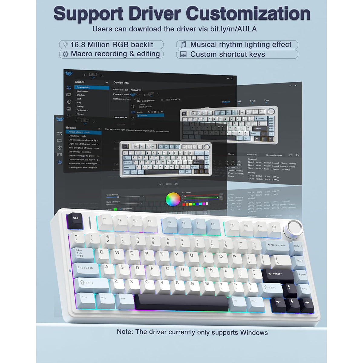 Aula F75 RGB Tri-Mode Type-C 75% 80-Key Gasket Structure Hot-Swap Mechanical Gaming Keyboard (Reaper Switch) (Light Blue/White/Black Purple)
