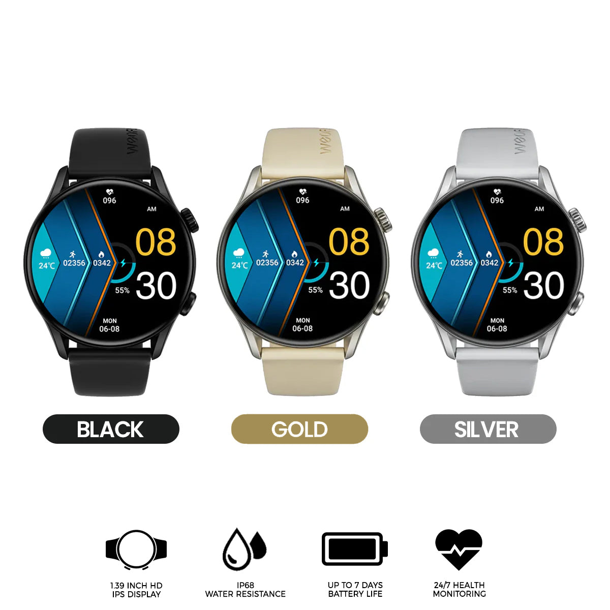 Weofly Spirit 2 Smartwatch (Black, Gold, Silver) (WFSP543BL, WFSP543GD, WFSP543SL)
