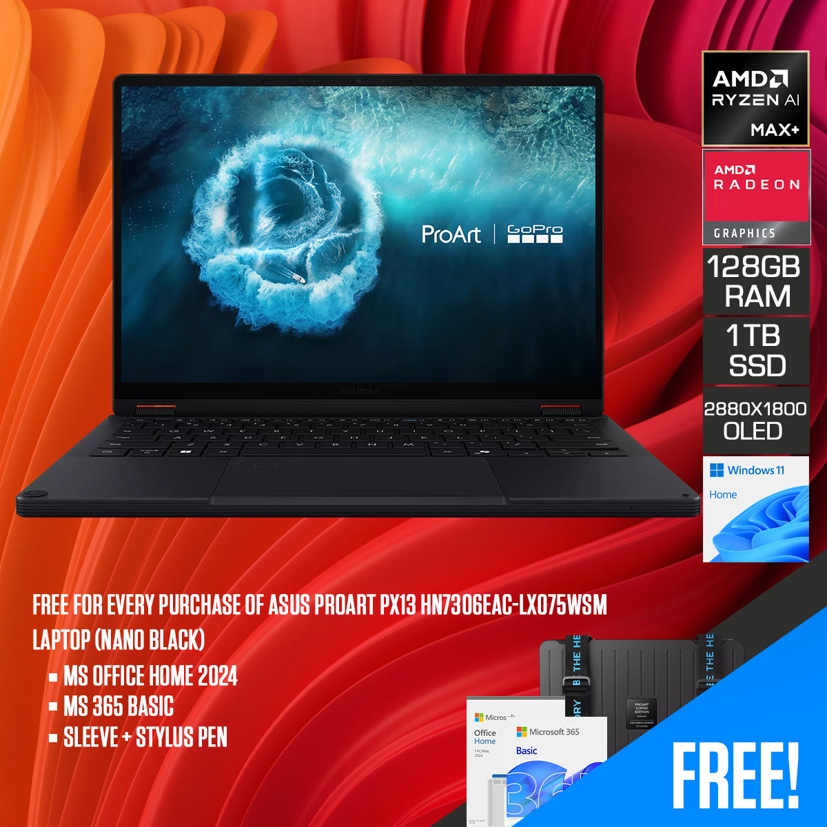 ASUS ProArt PX13 HN7306EAC-LX075WSM Laptop (Nano Black) | 13.3" 3k (2880x1800) OLED 60Hz | Ryzen AI Max+ 395 | 128GB RAM | 1TB SSD | AMD Radeon Graphics | Windows 11 Home | MS Office Home 2024 + MS 365 Basic + Sleeve + Stylus Pen