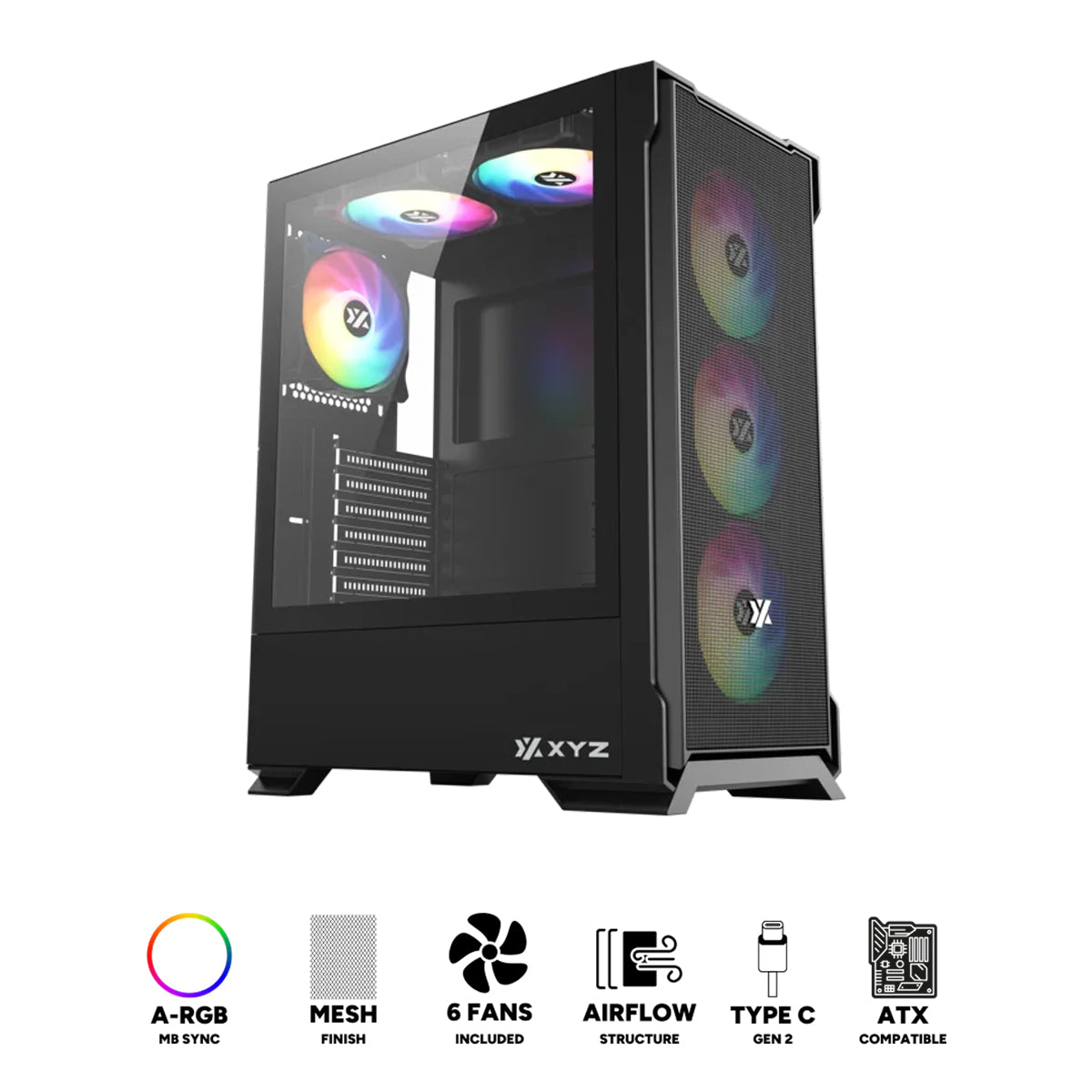 XYZ Airone 300 X MESH ATX PC Case with 6 Pre-Installed 120mm ARGB Fans (Black) (X-CS-AIRONE3XM-B) (XYZ-SA-961)