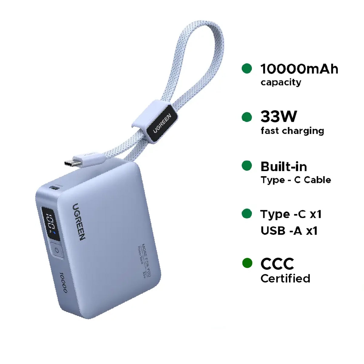 Ugreen 10000mAh 33W Fast Charging Power Bank w/ USB-C Built-In Cable
