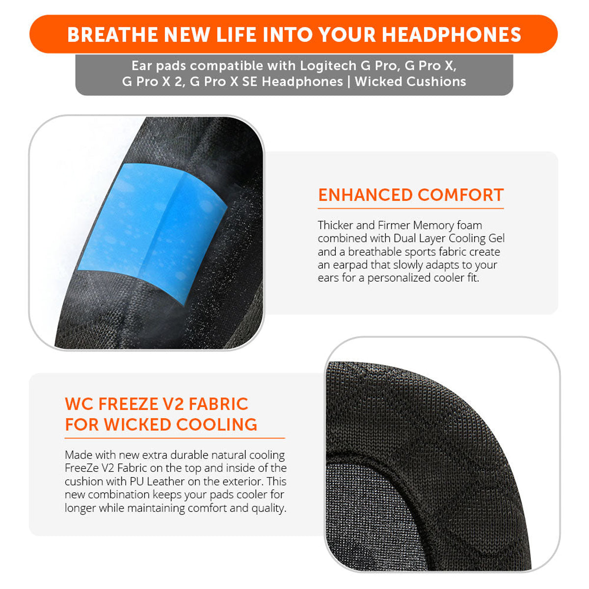 Wicked Cushions WC FreeZe G Pro X - Cooling Gel Earpads For Logitech G Pro X