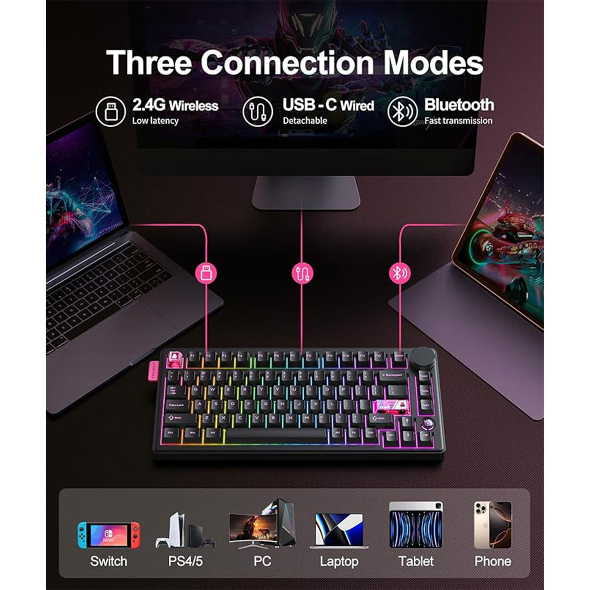 Onikuma MT706 Tri-Mode RGB 81 Keys Mechanical Keyboard with Knob (Black)