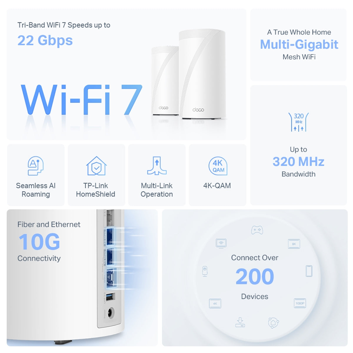 TP-Link Deco BE85 BE22000 Tri-Band Whole Home Mesh WiFi 7 System (1-Pack, 2-Pack, 3-Pack)