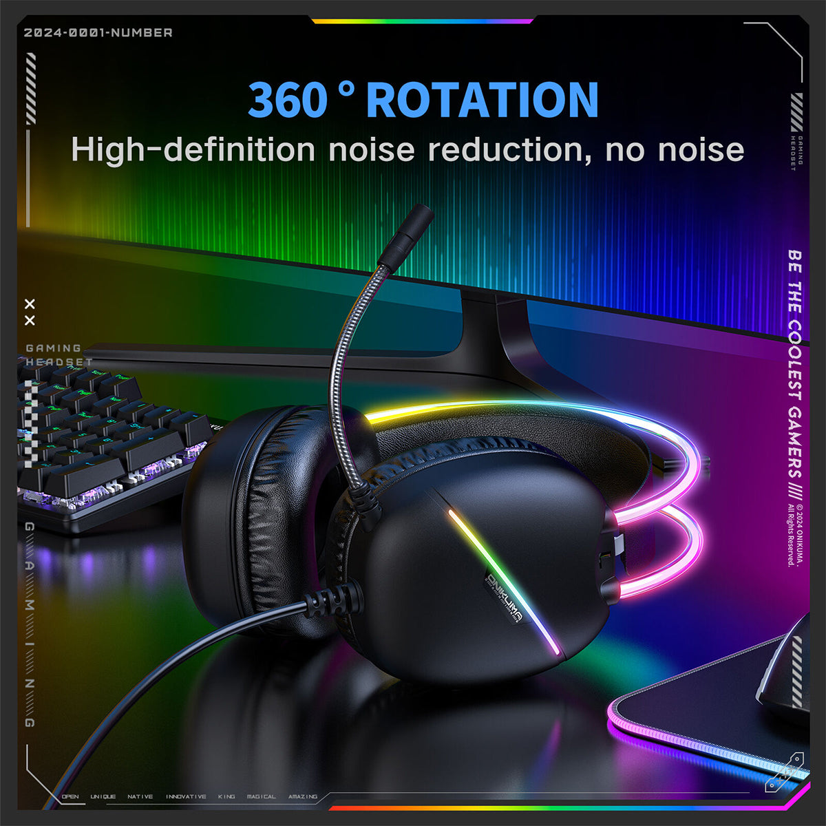 Onikuma X33 RGB Wired Gaming Headset with Noise Cancelling Microphone (Black, Pink)