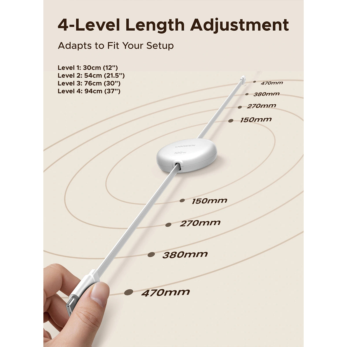 Ugreen Nexode USB-C to USB-C 100W PD Fast Charging Retractable Cable - 1m (White) (L531/95673)