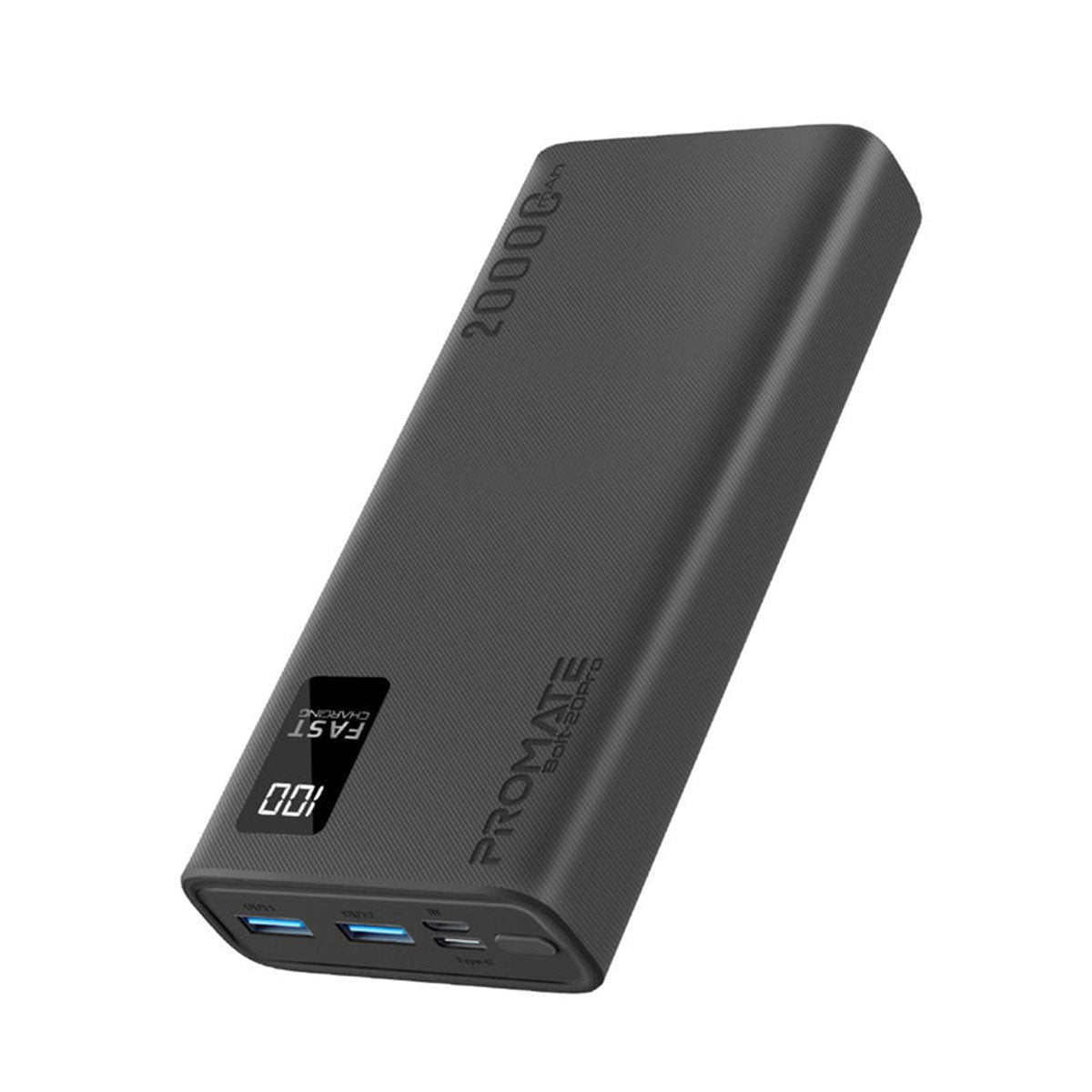 Promate PRO Dual USB-A USB-C Output Smart Super Charging Super Slim Power Bank Black