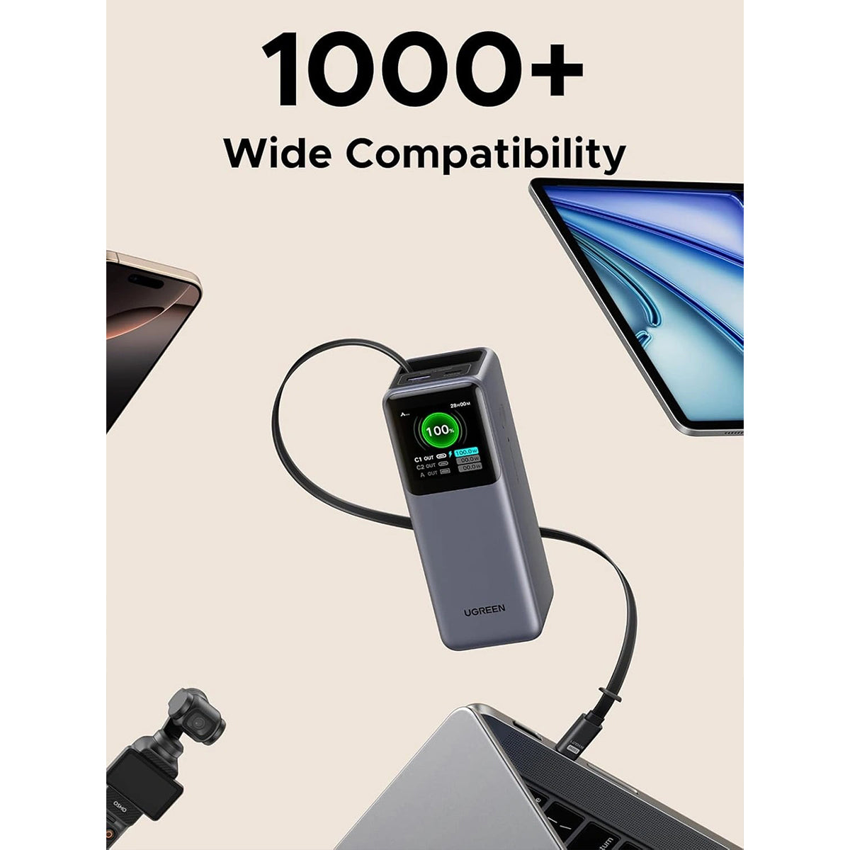 Ugreen Nexode 20000mAh 165W Power Bank with Type-C Retractable Cable (3C Version) (PB726/95670B)