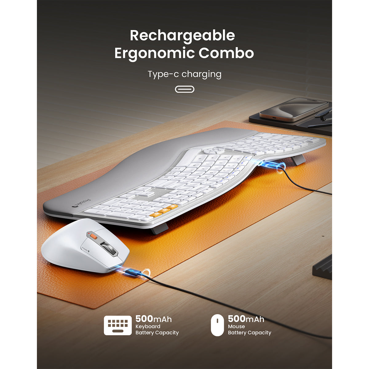 ProtoArc EKM01 Plus Dual Mode Full Size Ergonomic Keyboard Mouse Combo (White/Silver) (CP015758)