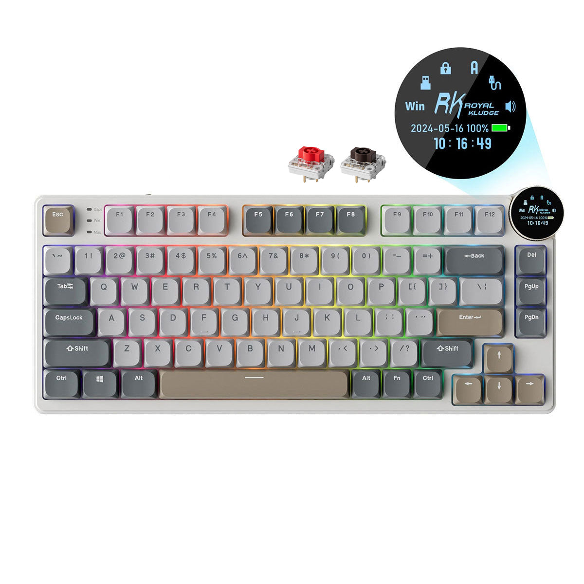 Royal Kludge RK N80 Tri-Mode RGB 80 Keys Hot Swappable Mechanical Keyboard Pearly Dawn (Red Switch, Brown Switch)
