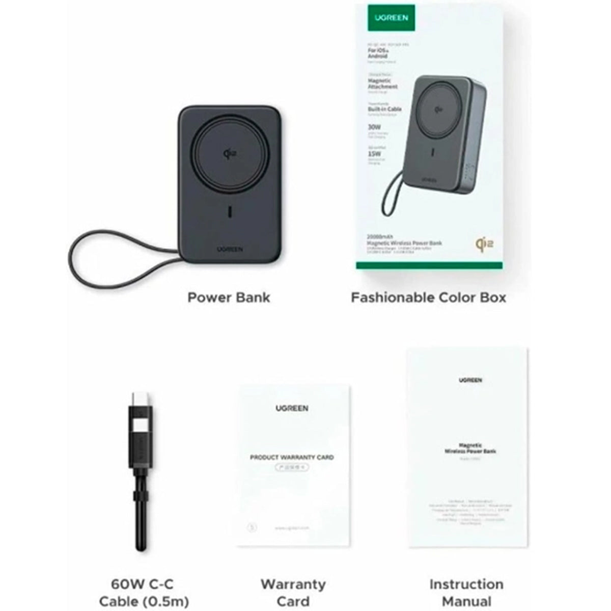 Ugreen 20000mAh Qi2 Magnetic Wireless 30W Power Bank with USB-C Cable