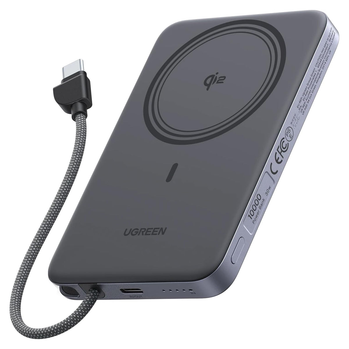 Ugreen MagFlow Air 10000mAh 30W 1xUSB-C + 15W Qi2 Magnetic Wireless Fast Charging Power Bank with 30W USB-C Built-in Cable (Gray, White, Light Blue)
