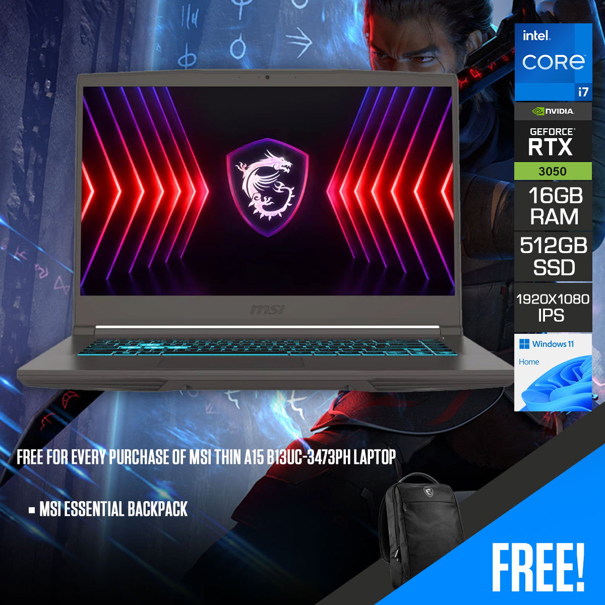 MSI Thin A15 B13UC-3473PH Laptop | 15.6" FHD (1920x1080) 144Hz IPS | i7-13620H | 16GB RAM | 512GB SSD | RTX 3050 | Windows 11 Home | MSI Essential Backpack