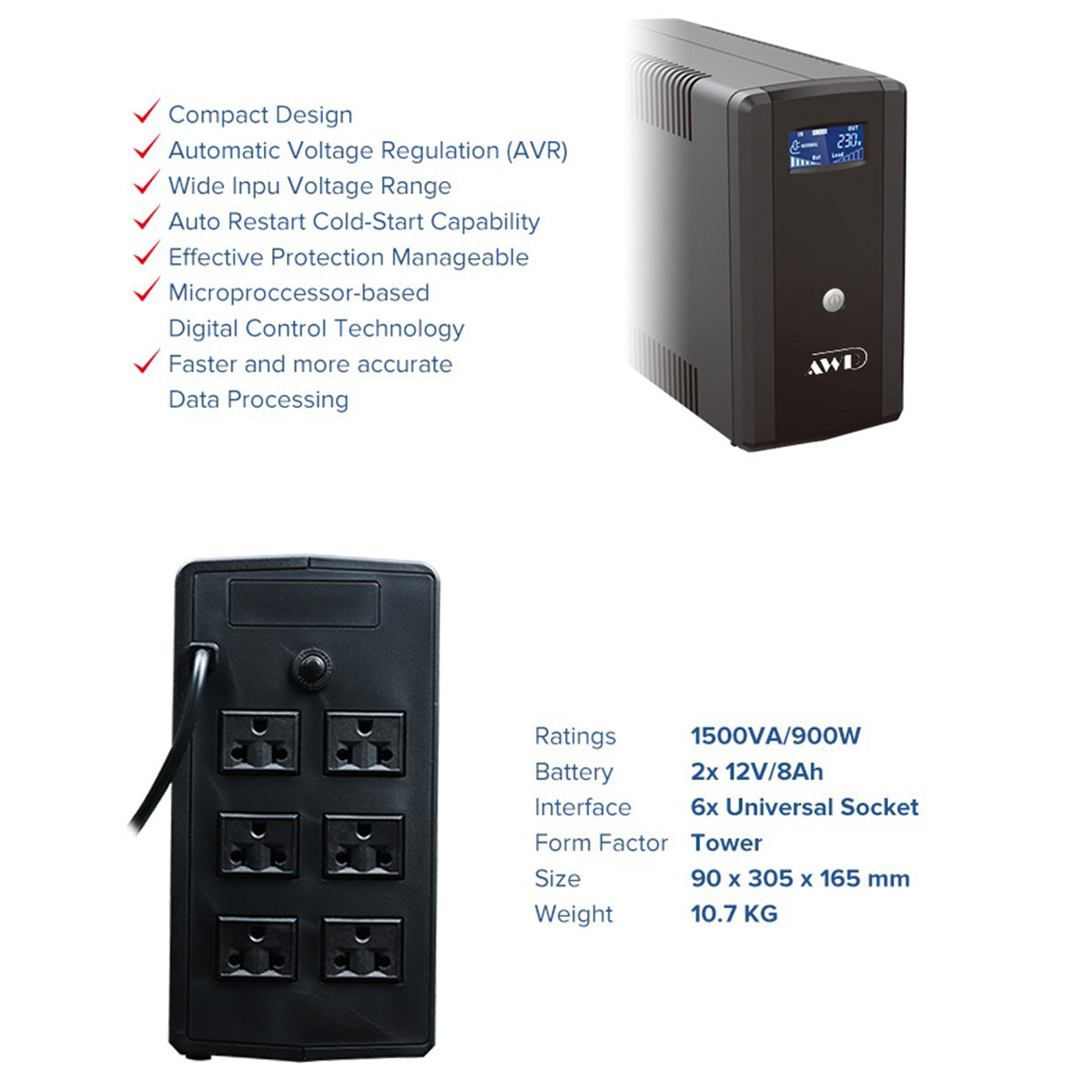 AWP Aide Pro LCD 1500VA 900W Line-Interactive UPS with Stabilizer