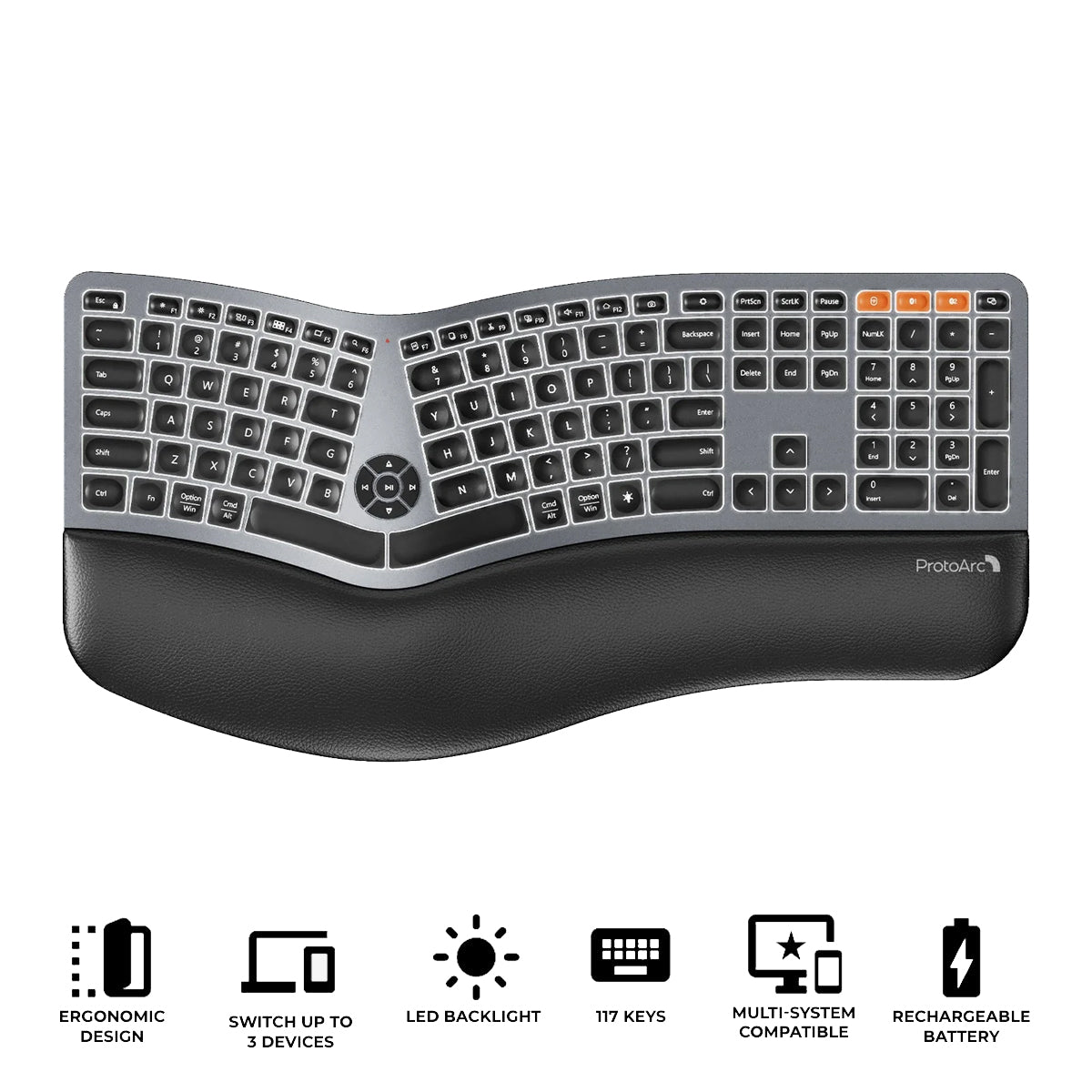ProtoArc EK01 Plus Dual Mode Full Size Backlit Ergonomic Split Keyboard (Black/Grey) (CP013398)