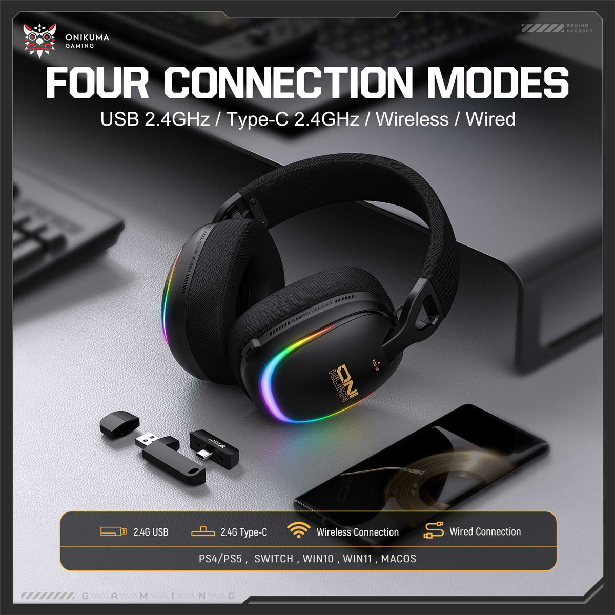 Onikuma GT805 4-Mode RGB Gaming Headset (Black)