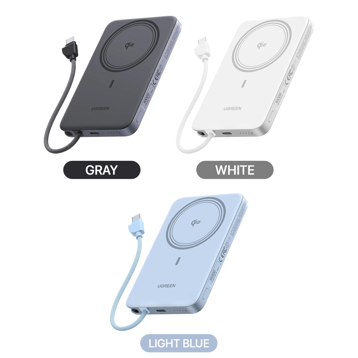 Ugreen MagFlow Air 10000mAh 30W 1xUSB-C + 15W Qi2 Magnetic Wireless Fast Charging Power Bank with 30W USB-C Built-in Cable (Gray, White, Light Blue)
