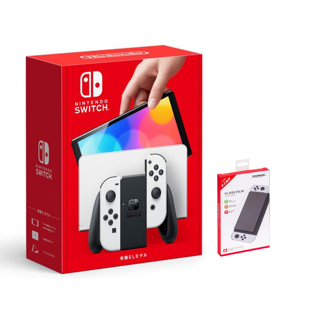 Nintendo Switch Console With White Joycon (OLED Model) NSW DOBE Glass Film For N-S Oled (TNS-1156) Bundle