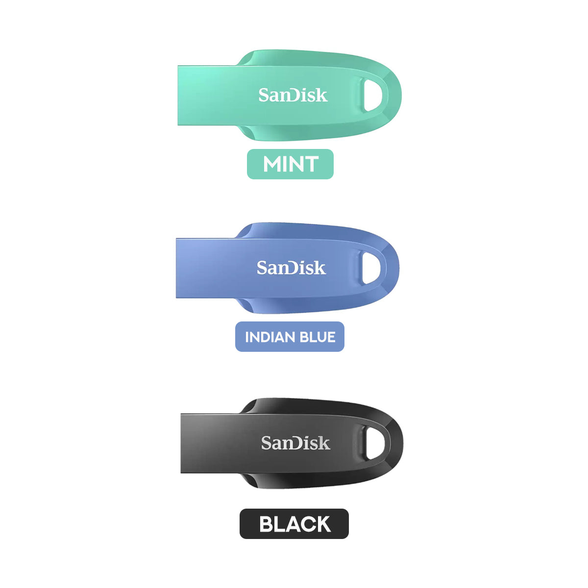 SanDisk Ultra Curve USB 3.2 Gen 1 Flash Drive - 64GB (Mint, Indian Blue, Black)