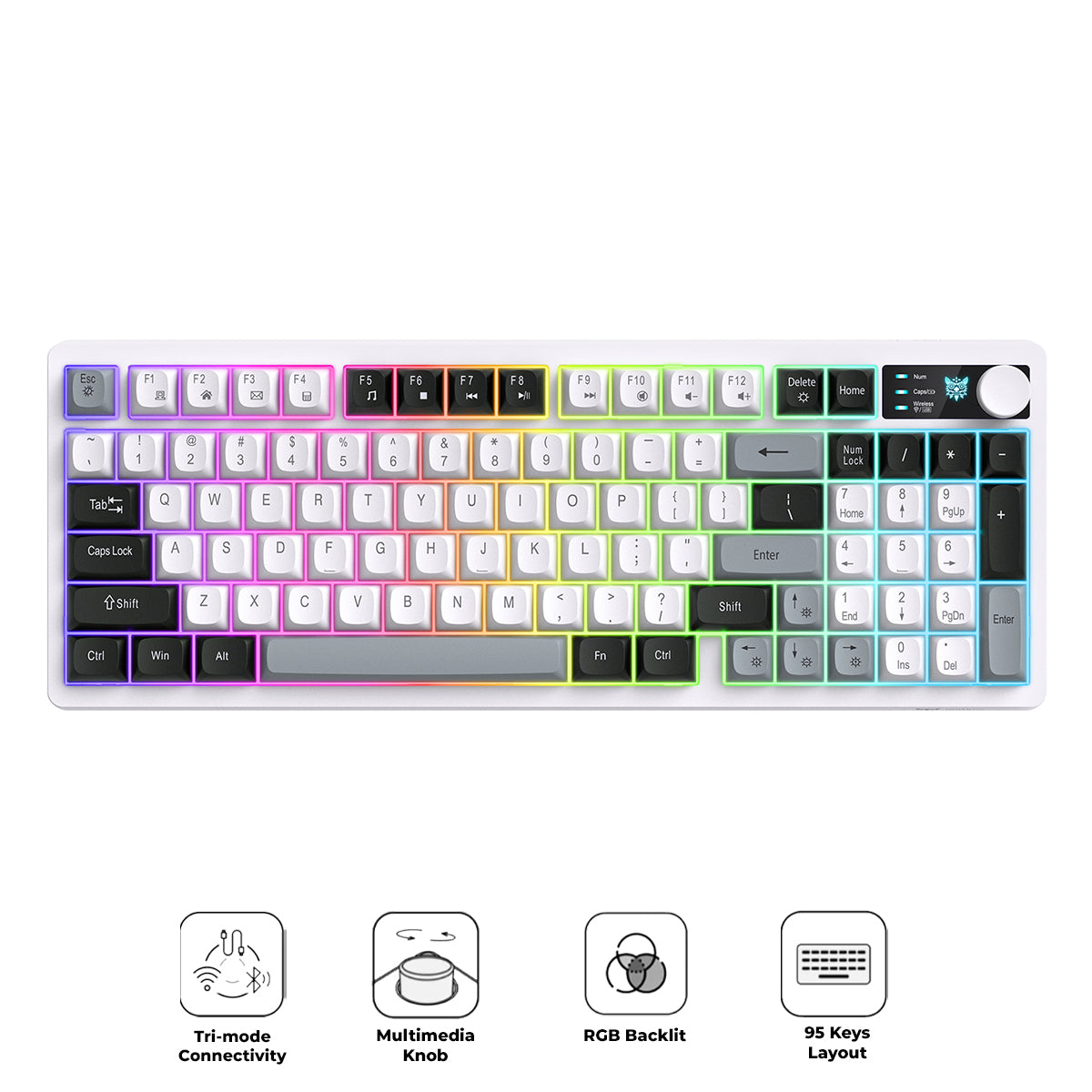 Onikuma MT902 Tri-Mode RGB 95 Keys Membrane Keyboard with Rotation Control (Black/White/Grey)