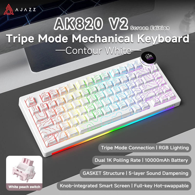 Ajazz AK820 V2 RGB Tri-Mode Mechanical Keyboard (Contour Lines White) (White Peach Switch)